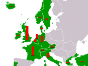 Map of Cold-War era Europe and the Near East showing countries that received Marshall Plan aid. The red columns show the relative amount of total aid per nation.