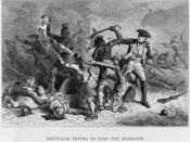 Louis-Joseph de Montcalm trying to stop Native Americans from attacking British soldiers and civilians as they leave Fort William Henry at the Battle of Fort William Henry.
