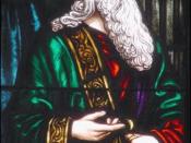 A stain glass window representation of Polonius.