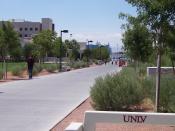 The Las Vegas Strip can be seen in the distance from various points on the UNLV campus