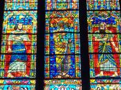 English: Photograph taken at the Washington National Cathedral of the Moses window by Lawrence Saint This window depicts the three stages of the life of Moses, each of them being 40 years long. The first 40 years is depicted in the left panel, when Moses 