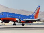 A Southwest Airlines Boeing 737-300 (N626SW) pictured before touching down on the runway at McCarran International Airport in Las Vegas, Nevada, United States. The aircraft is painted in Southwest's canyon blue primary livery.