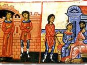 Scenes of urban life in Byzantium. Left illumination is a scene of marriage. The right illumination depicts a conversation among family members.