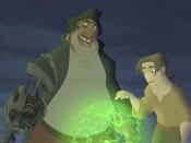 Long John Silver and Jim Hawkins examine the planetary map. Silver's cyborg arm was created with computer animation.