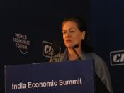 English: Sonia Gandhi, Chairperson, United Progressive Alliance and President, Indian National Congress speaking at the 'Meeting India's New Expectations' session at the World Economic Forum's India Economic Summit 2006 in New Delhi, 27 November 2006. Cop