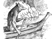 English: Anthropomorphic Coyote trickster, from North American Indigenous mythology, canoeing up the river.