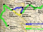Map showing the route of the assassins to Sarajevo, May-June 1914.