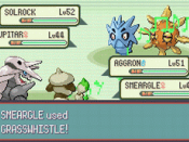 In this double battle, one of the player's Pokémon uses a move against an enemy Pokémon.