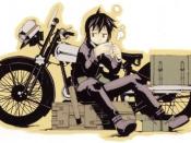 Kino sitting in front of Hermes, her talking motorcycle.