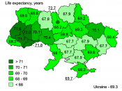 English: Life expectancy at birth in Ukraine, 2008/2009 Українська: Середня очікувана тривалість життя при народженні в Україні у 2008/2009 рр.