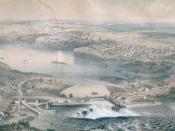 View of Parliament Hill and Chaudière Falls, Ottawa, ca. 1859. The hill is the second high landmass jutting into the Ottawa River on the right. It still contains barracks here, its last year with them, for construction of the Parliament Builds is about to