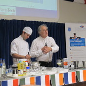 English: Hervé This at Dublin Institute of Technology, Cathal Brugha Street, 2011 with student Ciarán Elliott demonstrating how to achieve a greater volume when whipping egg whites.