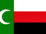 English: The Meskhetian national flag. The flag of the national movement of the Meskhetian Turks. Horizontal tricolor of white, green and black bearing a verticl red strip at the hoist charged with a white crescent moon.