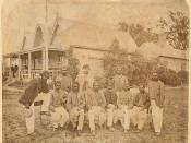 Aboriginal cricketers alongside the Melbourne Cricket Ground Pavilion, c.1867
