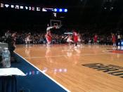 Game between the New Jersey Nets and New York Knicks at the Madison Square Garden shot from courtside.