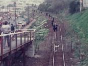 English: Kingland Station looking west before the 1981 Springboks vs All Blacks rugby match.