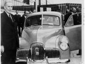 English: Title : Industry - Motor vehicles - Prime Minister of Australia, Mr Ben Chifley, at the launching of the first mass-produced Australian car at the General Motors-Holden factory, Fisherman's Bend, Melbourne image. 1 photographic negative: b&w, ace