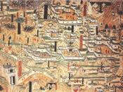 A mural painting from Cave 61 at the Mogao Caves, Dunhuang, Gansu province, China, dated to the 10th century and depicting Tang Dynasty monastic architecture from Mount Wutai, Shanxi province.