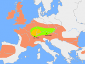 Distribution of Celts in Europe from 800 BC to 200 BC. Green: core Hallstatt territory. Orange: maximal expansion by the 3rd c. BC (migration to Anatolia after 279 BC). The yellow area is of dubious signification. No sources. See File:Celtic expansion.PNG