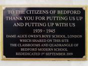English: A plaque on the Bedford Harpur Centre (which used to be Bedford Modern School) commemorating another school being billeted with them in WW2 (as happens in 