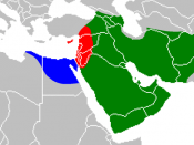 Regions under the control of Muawiyah I (red), 'Amr ibn al-'As (blue), and Ali ibn Abi Talib (green) during the First Islamic Civil War. Based on this animated map.