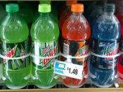 Eight flavors of Mountain Dew in a grocery store display cooler.