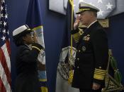 US Navy 080131-N-8273J-403 Adm. Gary Roughead, Chief of Naval Operations, administers the oath of office to Yeoman 1st Class Tennille Hairston during a commissioning ceremony in the Hall of Heroes at the Pentagon