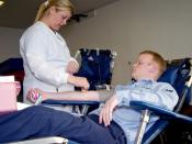 English: Oak Harbor, Wash. (Feb. 13, 2007) - Tammy Montalvo of the Armed Forces Blood Bank prepares a Sailor’s arm for donating blood. After testing to ensure the blood is safe for use, all donations to the Armed Forces Blood Bank are shipped overse