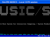 English: Screen shot of TN3270 session on IBM Mainframe MUSIC/SP Operating system. Suomi: Kuvakaappaus TN3270-istunnosta IBM:n suurtietokoneille suunnitellulla MUSIC/SP-käyttöjärjestelmällä.
