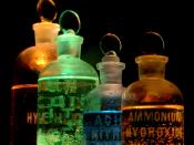 Chemicals in flasks (including Ammonium hydroxide and Nitric acid) lit in different colours