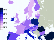 This map shows the result of an Eurobarometer poll conducted in 2005. The colors indicated the percentage of people in each country who answered 