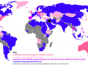 English: Countries' positions on the 2003 War in Iraq. Note that these refer to government positions, and not necessarily those of the populace. Self-made using uncoloured wikipedia world map and information from the article.