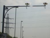 SPECS speed cameras on gantry over M1 motorway UK - southbound approching junction 10 during roadworks