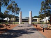 Ourimbah Campus, part of the Central Coast Campuses, on the Central Coast of New South Wales, Australia. Looking towards the library from the entrance.