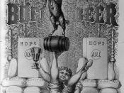 English: Lithograph print of advertising poster for H. Clausen & Son Bock Beer, showing a woman sitting back with her legs up, balancing on one foot a barrel with a goat standing on it, and holding up a large glass of beer.