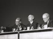 Boutros Boutros-Ghali (left), Secretary-General of the United Nations, Klaus Schwab (middle), founder and president of the World Economic Forum, and Flavio Cotti, member of the Swiss Federal Council, at the 1995 World Economic Forum.