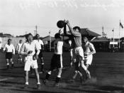 English: Soccer game at Langlands Park, Wooloongabba, Brisbane, 1948 Action shot of the Corinthians Soccer Team competing against the Bundamba Soccer Team at Langlands Park, Wooloongabba.