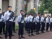French Armed Forces, armed with FAMAS F1 assault rifles, await for the opening of the Memorial Day ceremony at the LaFayette Escadrille Monument in Paris, France.