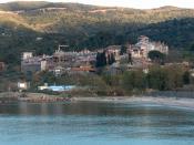English: View of the Vatopedi monastery in Mount Athos (April 2006).