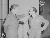 Spencer Tracy, narrator and Garson Kanin, director, at the Long Island Studios of the Army Signal Corps for the recording of Spencer Tracy's narration of the 