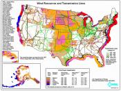 English: Map showing estimated wind resources and existing power transmission lines for the United States.