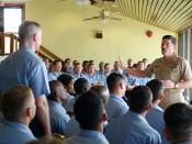 English: Pensacola, Fla. (Aug. 22, 2005) - Master Chief Petty Officer of the Navy (MCPON) Terry Scott speaks to more than 50 chief selectees at Lighthouse Point in Pensacola, Fla. Scott explained to the new selectees the importance of learning the chief p