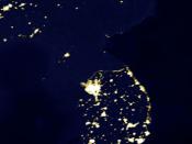 Satellite picture displaying the Korean peninsula at night.