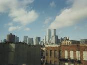 New York City, 1995. View from Lower East Side rooftop towards World Trade Center.