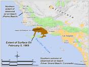 English: Extents of 1969 oil spill. By self in ArcGIS 9.3; all layers in public domain; extent of continuous spill digitized from County of Santa Barbara (http://www.countyofsb.org/energy/information/1969blowout.asp); northern and southern limits from Str