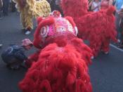 Lion dancers surrounded by onlookers at the Auckland lantern festival. A child peers inside one lion's costume.