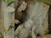 The Garden of Earthly Delights, central panel, detail: Man pointing at a women (lower right).