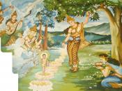 This picture depicts the birth of Gautama Buddha, in a forest at Lumbini. The legend goes that directly after his birth, he made 7 steps and proclaimed that he would end suffering and attain supreme enlightenment in this life. The Buddha's mother is holdi