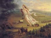 Native Americans flee from the allegorical representation of Manifest Destiny, Columbia, painted in 1872 by John Gast