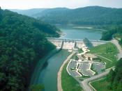 English: Stonewall Jackson Lake and Dam near the town of Weston in Lewis County, West Virginia, USA. The U.S. Army Corps of Engineers constructed the dam on the West Fork river for flood control. View is upriver to the south-southwest.